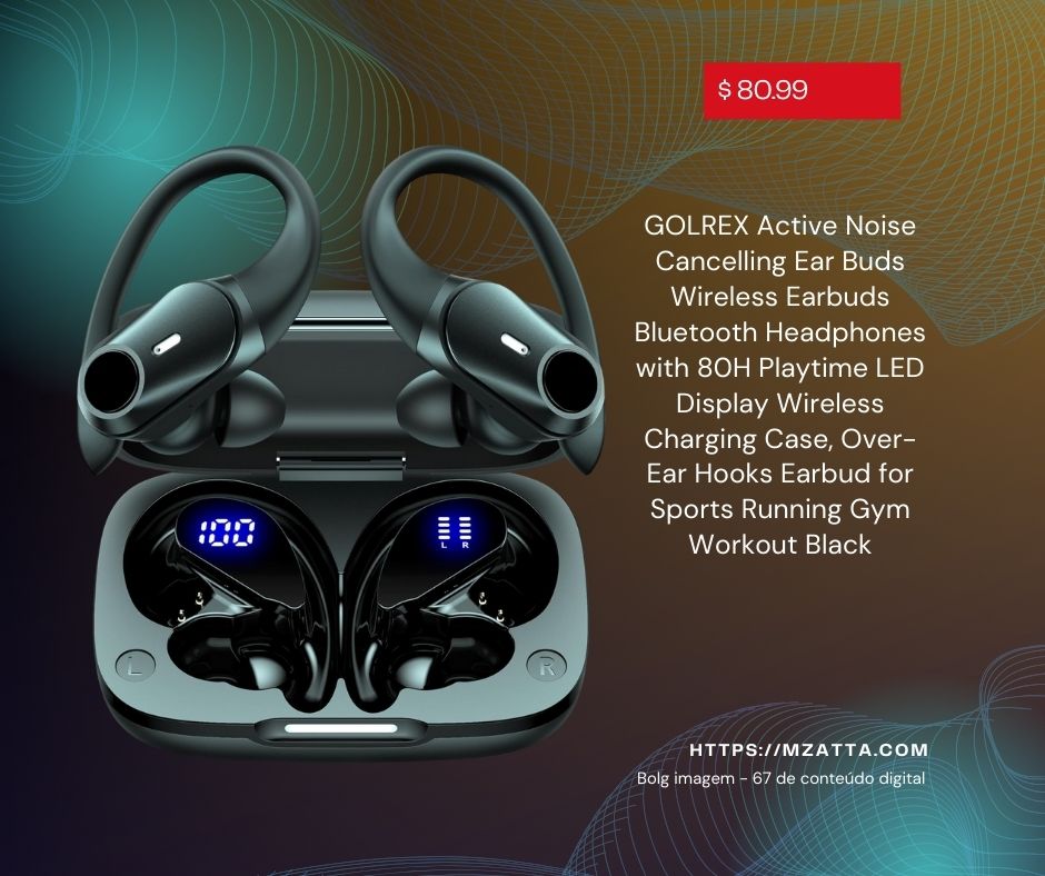 GOLREX Active Noise Cancelling Ear Buds Wireless Earbuds Bluetooth Headphones with 80H Playtime LED Display Wireless Charging Case, Over-Ear Hooks Earbud for Sports Running Gym Workout Black